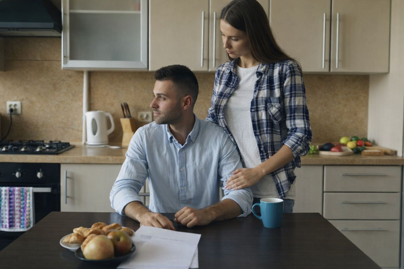Ett par i ett kök som diskuterar viktiga dokument vid ett bord.