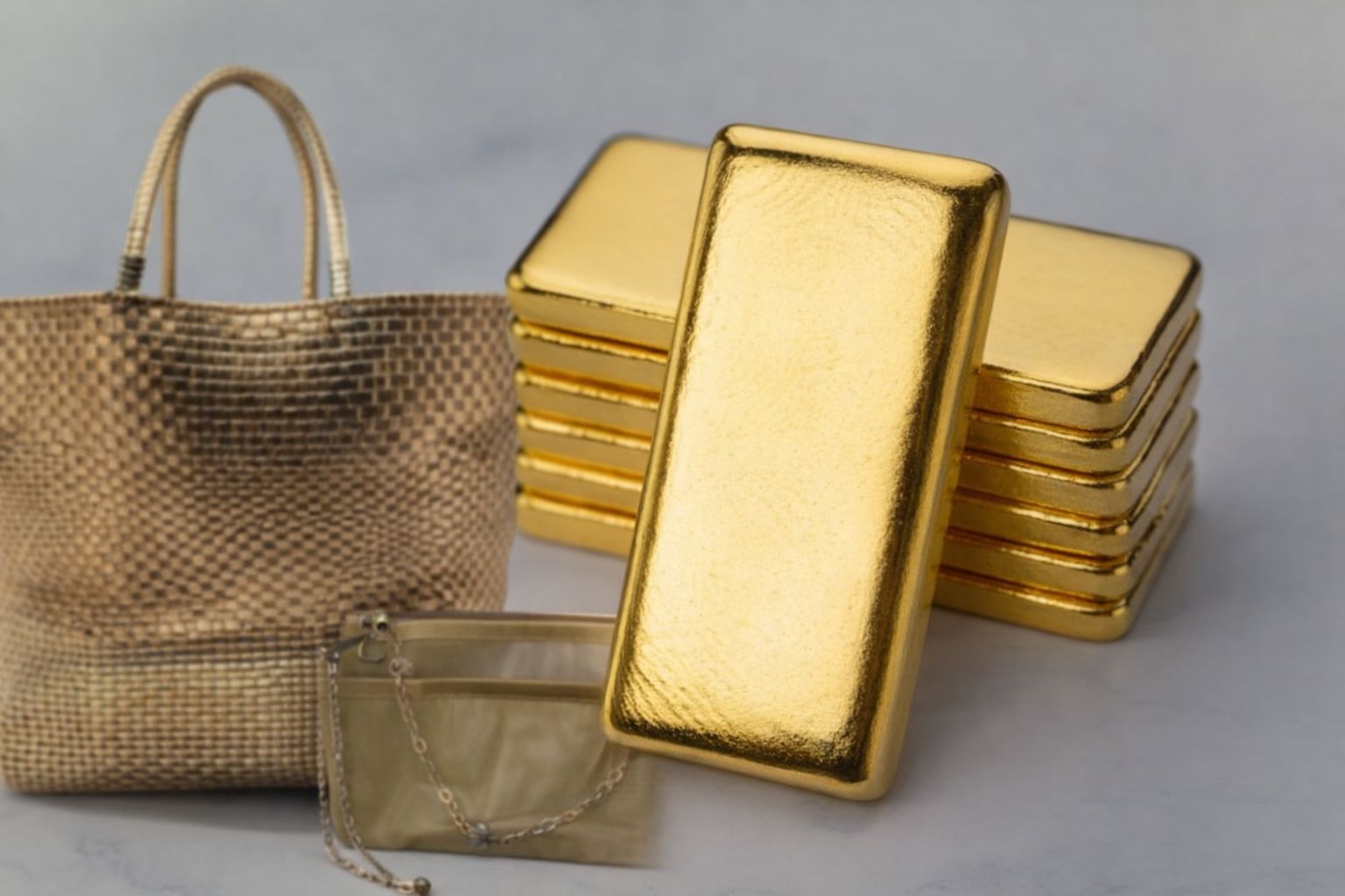 Guldtackor staplade bredvid en guldskimrande handväska.
