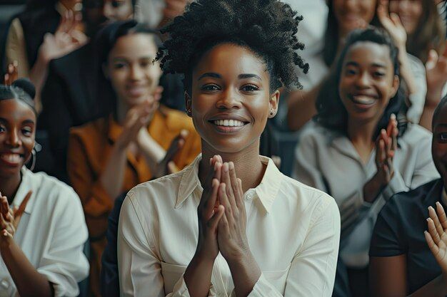 En leende kvinna i fokus som applåderar tillsammans med en mångsidig grupp kollegor.